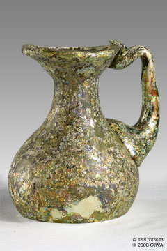 Iridescent glass oinochoe, Syria, 300-400 AD